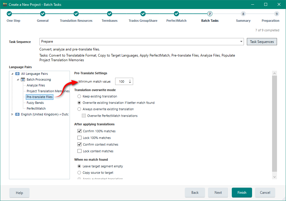 Trados Studio screenshot showing the 'Create a New Project - Batch Tasks' window with 'Pre-translate Settings' highlighted, indicating a minimum match value of 100%.