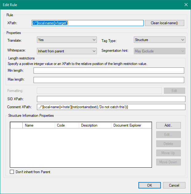 Edit Rule window in Trados Studio with XPath 'local-name()='target'' selected, properties set to 'Translate: Yes' and 'Tag Type: Structure', and a Comment XPath rule excluding specific text.