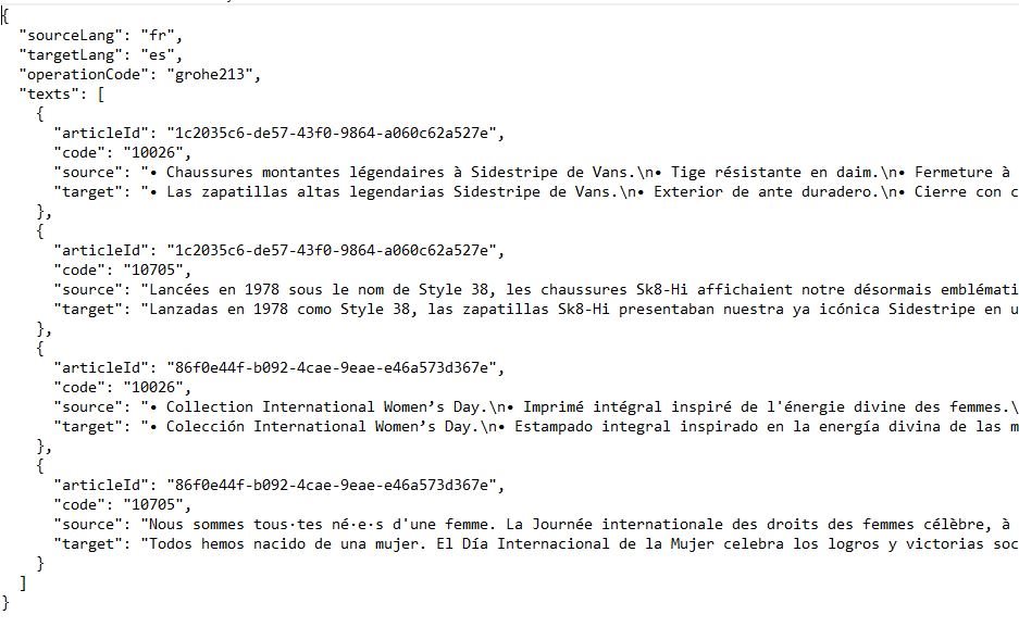 Screenshot of a JSON file with source text in French and corresponding target text in Spanish filled in.