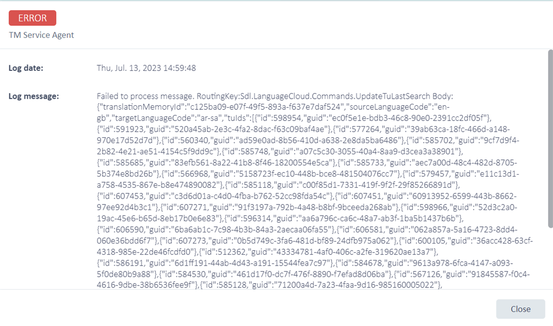 Error message in Trados Studio TM Service Agent showing failed message processing with a routing key and multiple GUIDs listed.