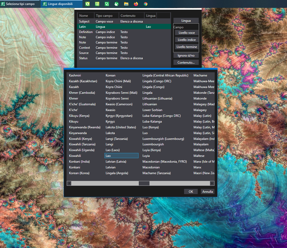Screenshot of Trados Studio language selection window with a list of languages. Latin is highlighted, showing it is available as a language option.