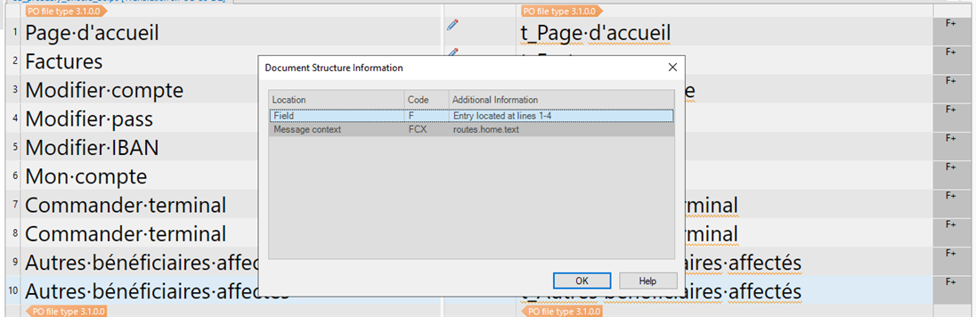Trados Studio interface showing a list of French text entries in the source column and corresponding translations in the target column. A 'Document Structure Information' popup is open, displaying details about a selected entry, including location, code, and message context.