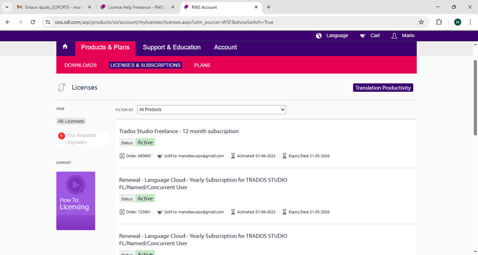Licenses and Subscriptions page showing Trados Studio Freelance 12-month subscription with status Active, activated on 01-06-2025, and expiring on 31-05-2026.