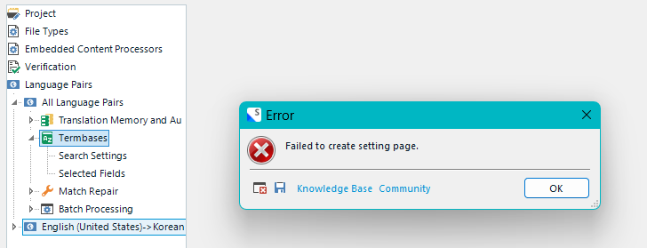 Error message popup with a red cross icon stating 'Failed to create setting page.' and options for Knowledge Base, Community, and OK.