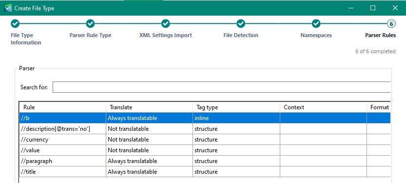 Trados Studio screenshot displaying a list of parser rules with various translate, tag type, and context settings.