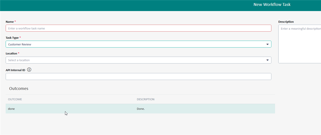 New Workflow Task creation screen in Trados Enterprise with fields for Name, Task Type, Location, and a section for Outcomes showing only 'done'.