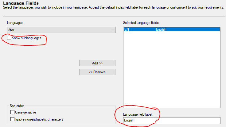 Screenshot of Trados Studio's 'Language Fields' settings with 'Show sublanguages' option unchecked and 'Language field label' set to 'English'.