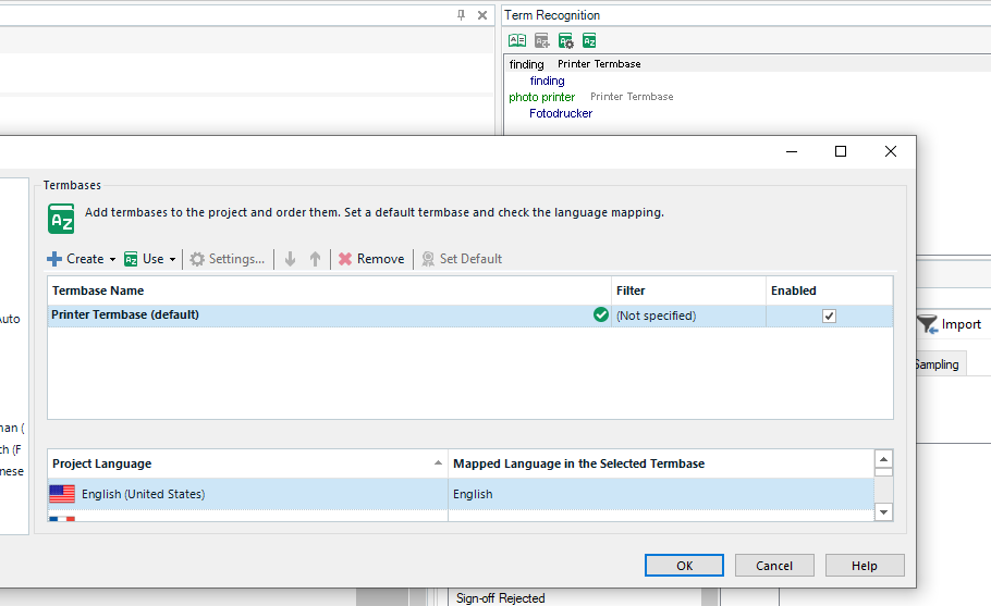 Screenshot of Trados Studio's 'Term Recognition' window showing 'Printer Termbase' as default with language mapping of 'English (United States)' to 'English'.