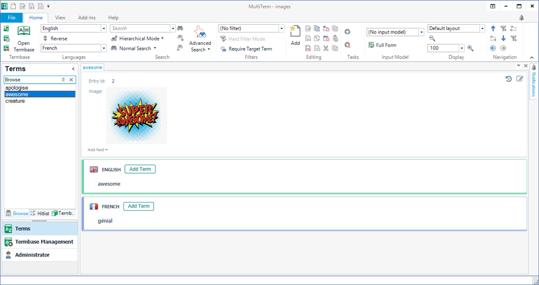 Trados Studio screenshot with the ribbon exposed showing options for term addition and termbase management, indicating how to add terms.