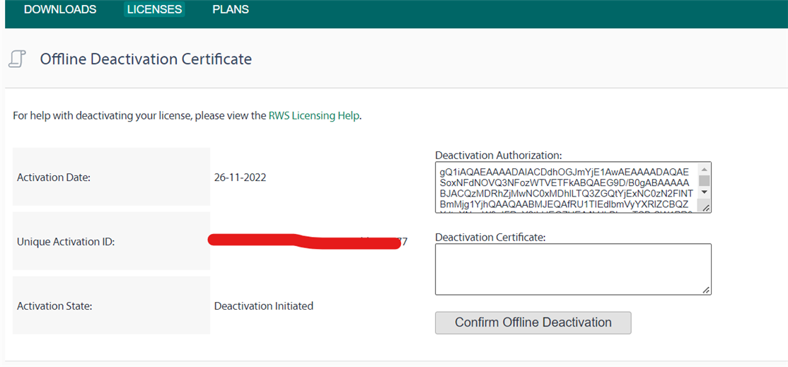 Offline Deactivation Certificate page showing Activation Date, Unique Activation ID, Activation State as 'Deactivation Initiated' but missing the Generate Certificate button.