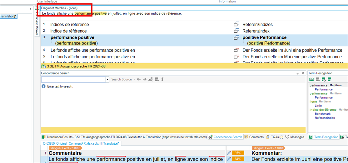 Trados Studio Editor view with the Fragment Matches window showing no matches and highlighted translation results and term recognition.