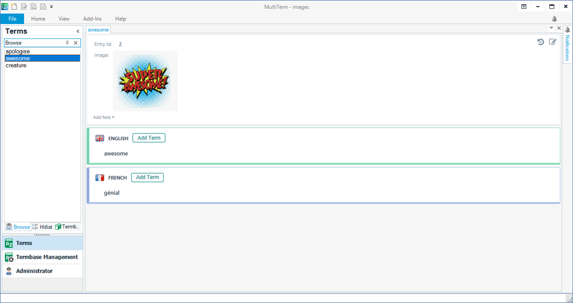 Trados Studio termbase screenshot with terms listed in English and French, but no termbase name visible indicating a termbase is not opened.