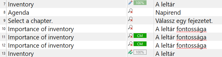 Trados Studio editor showing updated segments with 'Inventory' marked as 100% match and 'Importance of inventory' translated as 'A lelt r fontoss ga' with CM status and spelling errors underlined.