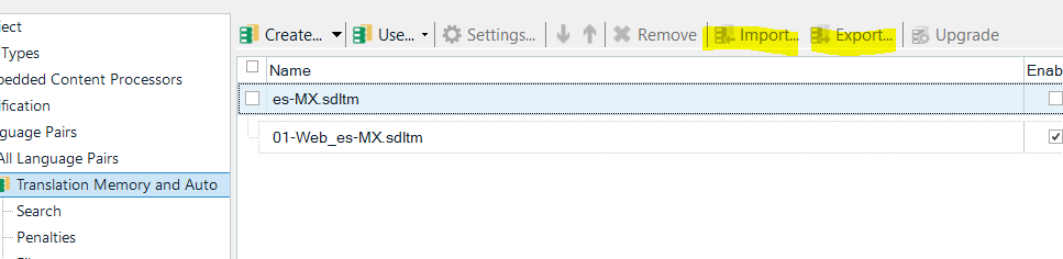 Trados Studio screenshot showing the Translation Memory and AutoSearch section with Import and Export buttons deactivated.
