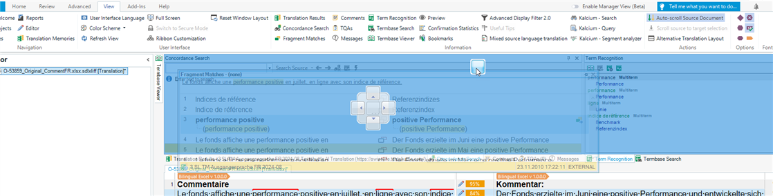 Trados Studio interface showing the movement of the Fragment Matches window with a directional control overlay.