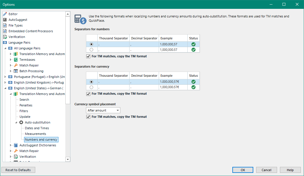 Trados Studio 2021 options window showing Auto-substitution settings for numbers and currency with examples and status indicators.