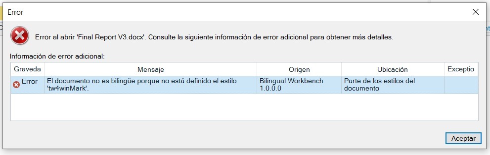 Error message in Trados Studio stating 'Error opening Final Report V3.docx. The document is not bilingual because the 'tw4winMark' style is not defined.' with options to accept.