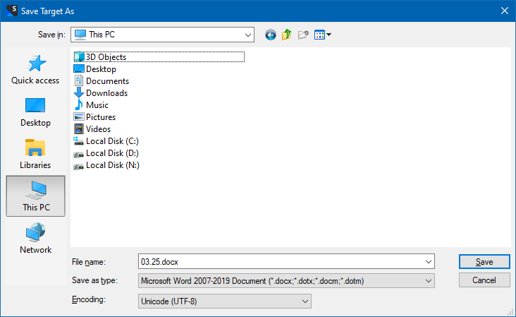 Screenshot of 'Save Target As' dialog box in Trados Studio with file name '03.25.docx' and file type 'Microsoft Word 2007-2019 Document' selected.