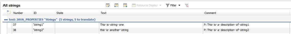Screenshot of Trados Studio displaying 'All strings' view with columns for Number, ID, State, Text, and Comment, showing two strings 'string1' and 'string2' with their descriptions in comments.