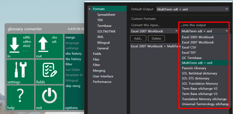 Glossary converter interface showing input and output options. The output format dropdown is expanded, highlighting MultiTerm xdt + xml and other format options.