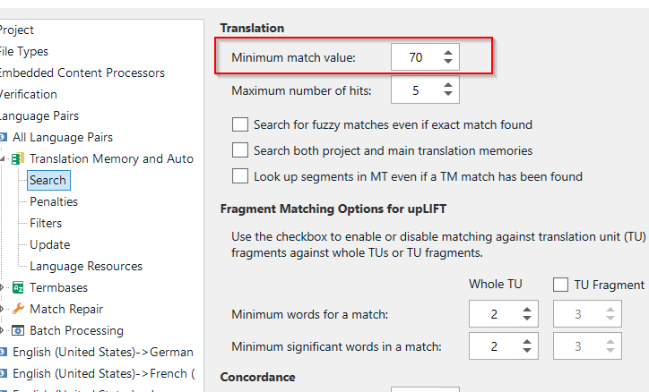 Trados Studio settings showing Translation Memory and Automated Translation settings with Minimum match value set to 70.