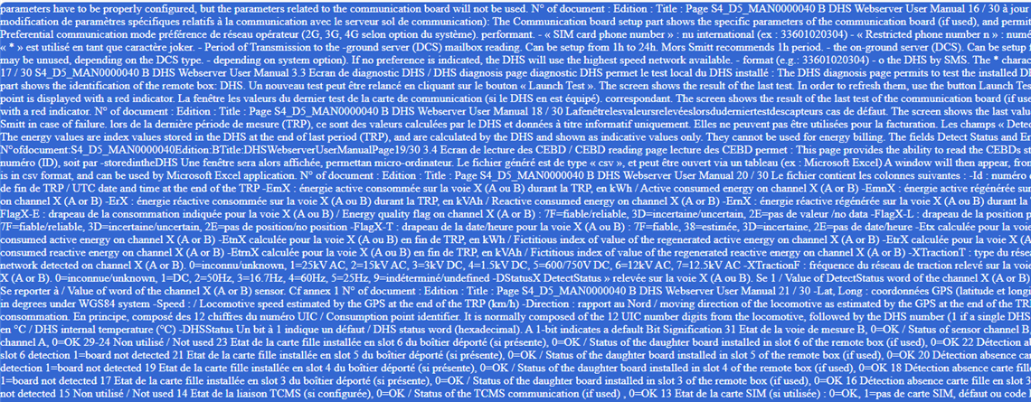 Screenshot showing a dense block of text in blue background, containing technical details and parameters related to a product, with no visible errors or warnings.