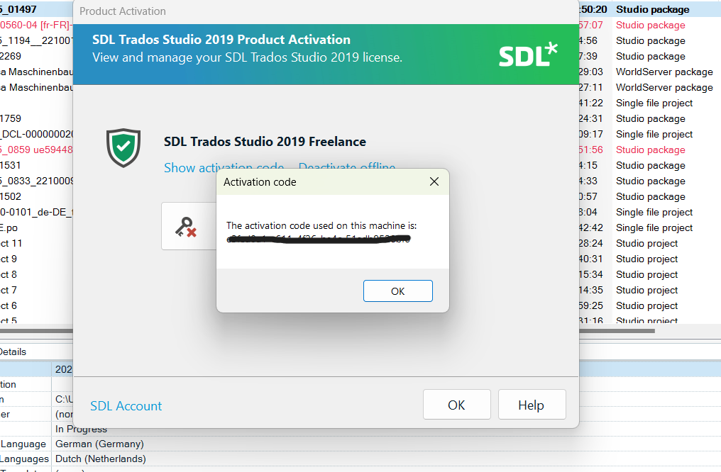 Error message on SDL Trados Studio 2019 Product Activation screen saying 'The activation code used on this machine is already in use. SDL Trados Studio will now close.'