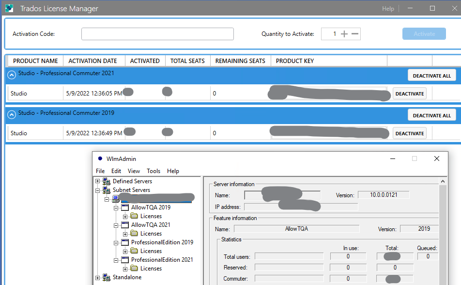 Trados License Manager window showing two products: Studio - Professional Commuter 2021 and Studio - Professional Commuter 2019, both activated on 592022 with 0 total seats remaining. Below is the WlmAdmin window with server information and licenses for 2019 and 2021 versions.