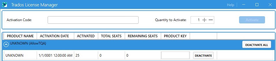 Trados License Manager window displaying product details with 25 total seats, 0 activated, and 0 remaining seats. The 'Deactivate All' button is visible.