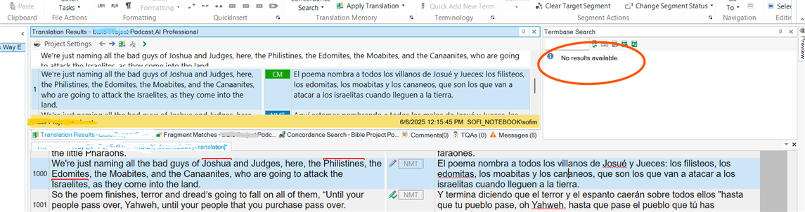 Screenshot of Trados Studio 2022 showing the Translation Results pane with terms underlined in red, and the Termbase Search window displaying 'No results available' circled in red.
