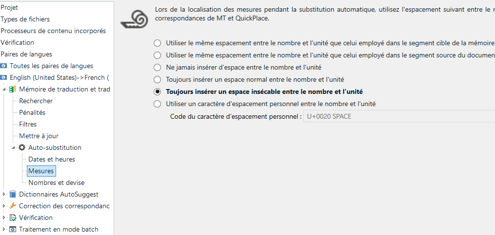 Trados Studio settings window showing options for auto-substitution of measures with a focus on the option to always insert a space between the number and the unit.