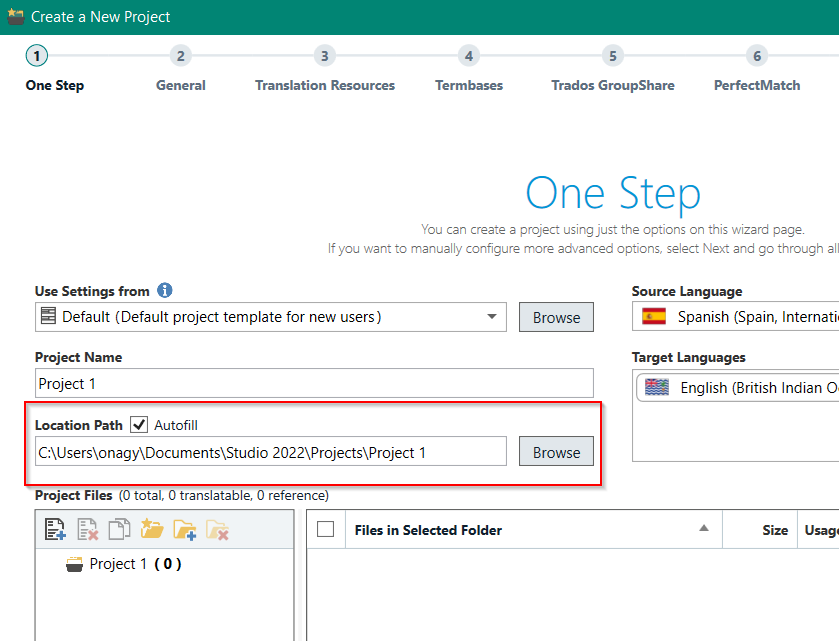 Trados Studio 'Create a New Project' window with 'Location Path' field highlighted, showing default path in 'My Documents' and a 'Browse' button to change it.