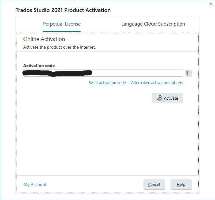 Trados Studio 2021 Product Activation window showing Perpetual License tab with Online Activation option, activation code field, and Activate button.