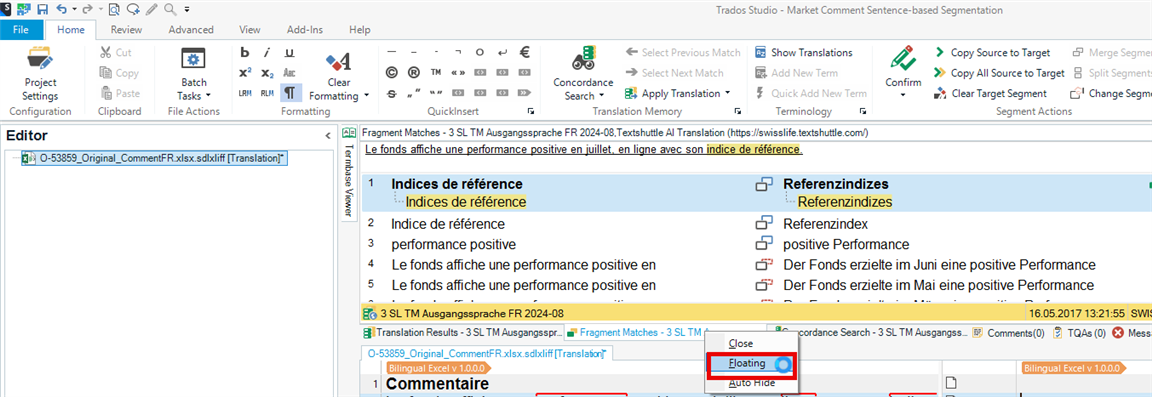 Trados Studio interface with the Fragment Matches window set to 'Floating' and highlighted options in the Editor view.