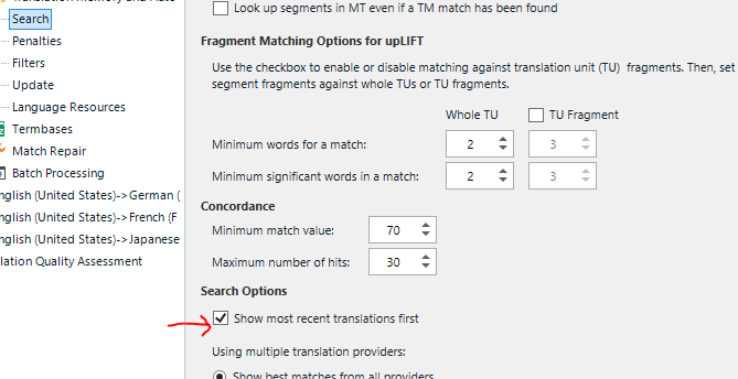 Trados Studio search options with 'Show most recent translations first' checked.