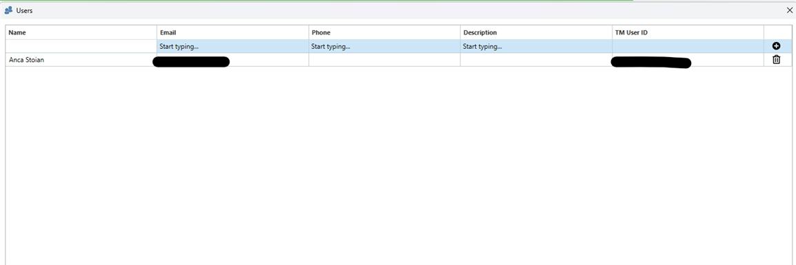 Screenshot of the Users window in Trados Studio showing columns for Name, Email, Phone, Description, and TM User ID. A user named Anca Stoian is listed with editable fields for Email, Phone, and Description labeled 'Start typing...'.