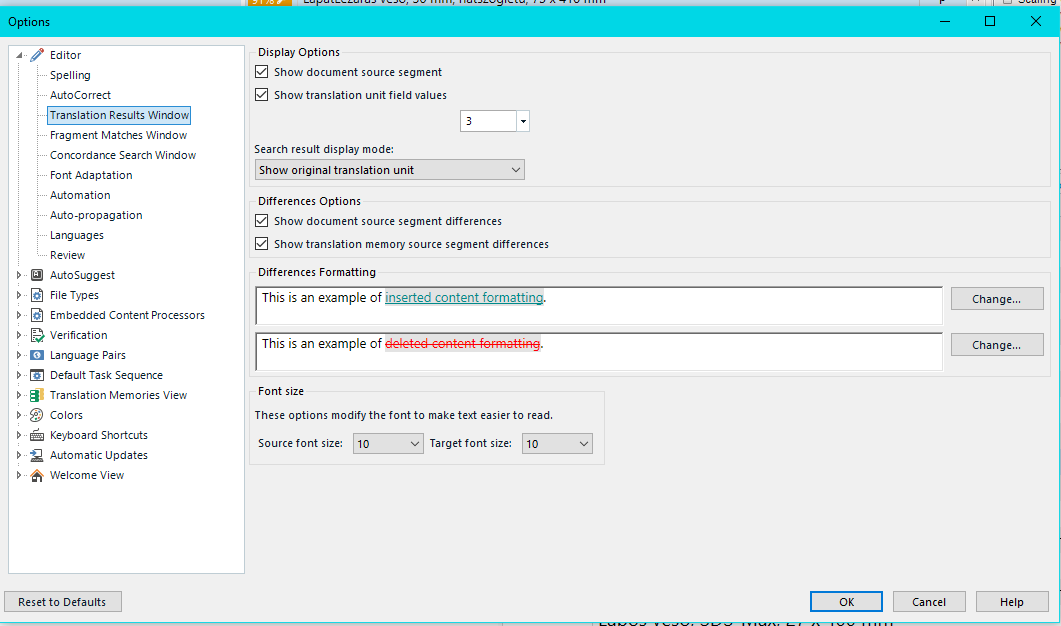 Screenshot of Trados Studio Options menu with Translation Results Window settings, showing options for displaying differences and formatting, without any visible errors or warnings.