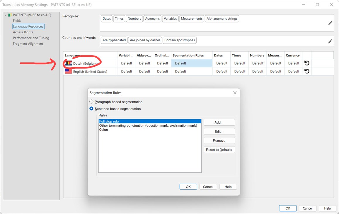 Trados Studio Translation Memory Settings window showing Language Resources tab with Dutch (Belgium) and English (United States) selected. Segmentation Rules dialog box is open with Sentence based segmentation selected and Full stop rule highlighted.