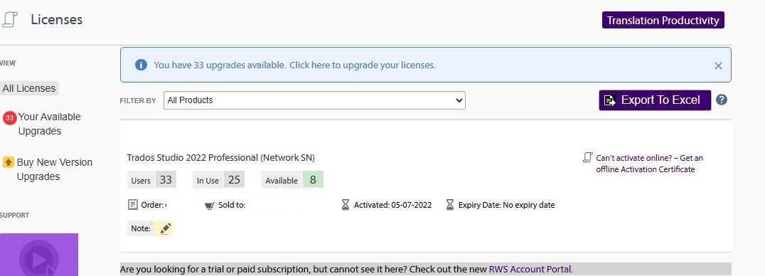 Licenses page showing Trados Studio 2022 Professional Network SN with 33 users, 25 in use, and 8 available. Activation date is 05-07-2022 with no expiry date.
