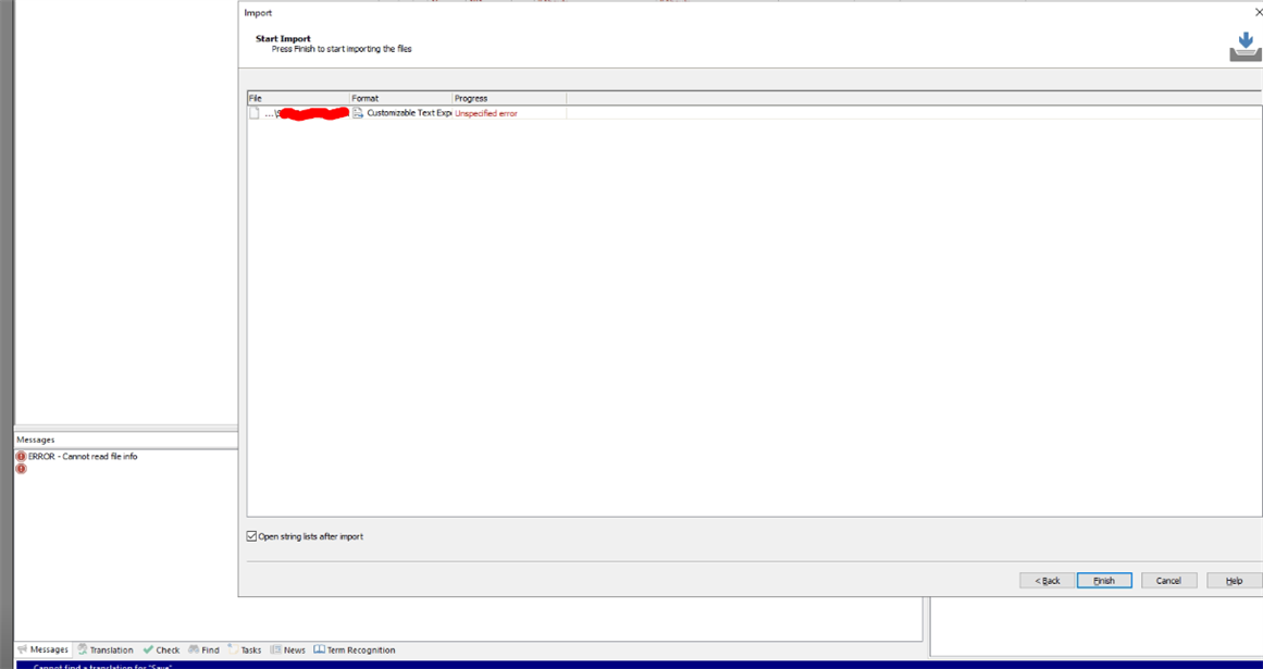 Screenshot of the Passolo 2018 import window showing an error. The file format is 'Customizable Text Exp' with 'Unspecified error' in the progress column. Below, a message reads 'ERROR - Cannot read file info.'