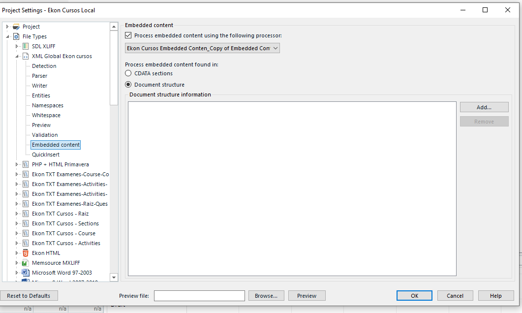 Trados Studio Project Settings window showing 'Embedded content' selected with options to process embedded content using the processor 'Ekon Cursos Embedded Content'.
