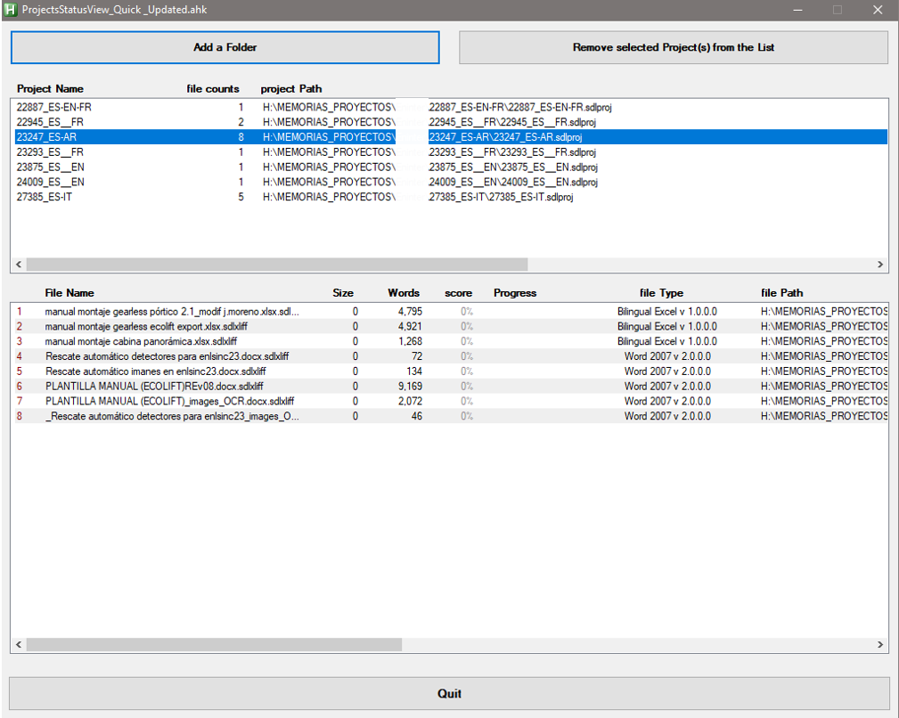 Screenshot of Trados Studio's Project Status View with a list of projects and their details such as file counts, project path, file name, size, words, score, progress, file type, and file path.
