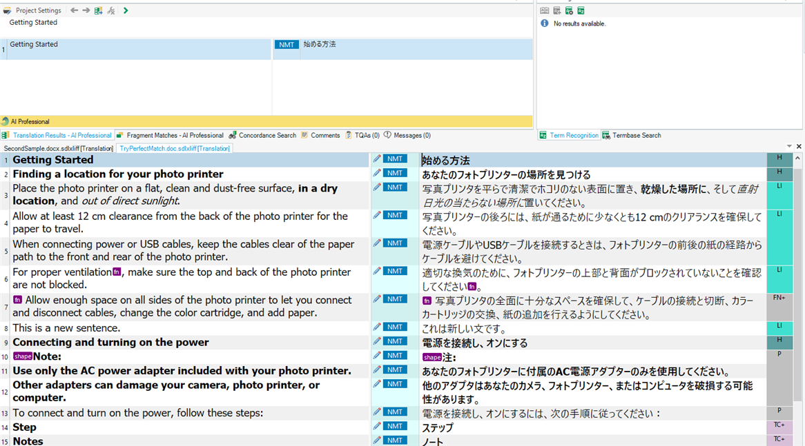 Screenshot of RWS AppStore Applications interface showing a bilingual translation project. The left side displays English text about photo printer setup, and the right side shows the corresponding Japanese translation. No visible errors or warnings are present.