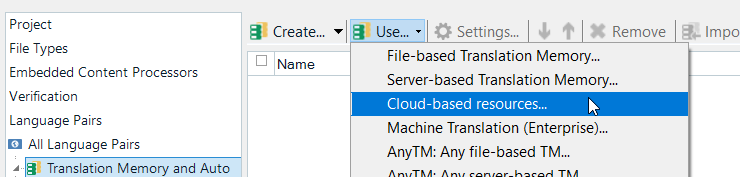 Trados Studio dropdown menu showing 'Cloud-based resources' option highlighted for selection.