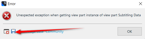Screenshot of an error dialog box with a red 'X' icon on the top left. The title of the dialog reads 'Error'. The main message states: 'Unexpected exception when getting view part instance of view part Subtitling Data'. Below the message, there are two icons on the left, one resembling a book (likely indicating a knowledge base) and the other resembling people (likely indicating a community). A red arrow points towards the knowledge base icon. On the bottom right of the dialog box, there's an 'OK' button.