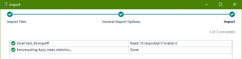 Trados Studio import window showing a successful read of 10 translation units from a 'Small test_re.mqxliff' file, but with 0 units imported and 0 invalid.