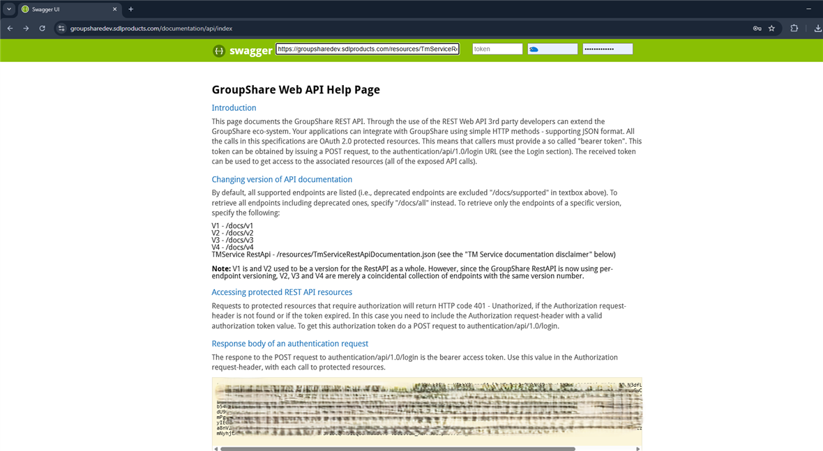 Screenshot of the GroupShare Web API Help Page showing API documentation introduction, versioning details, and authentication information.