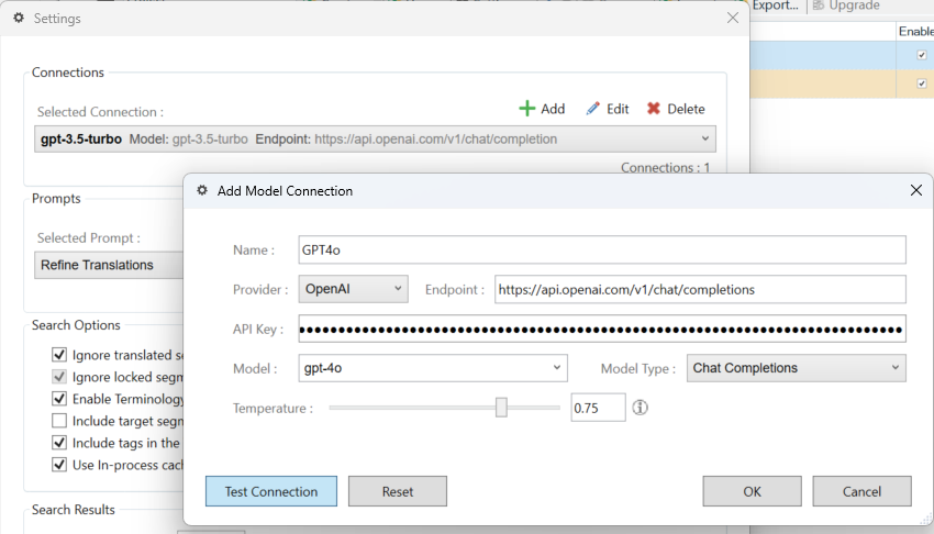 Settings window showing a connection named gpt-3.5-turbo with endpoint https:api.openai.comv1chatcompletions and a dialog box for adding a model connection.