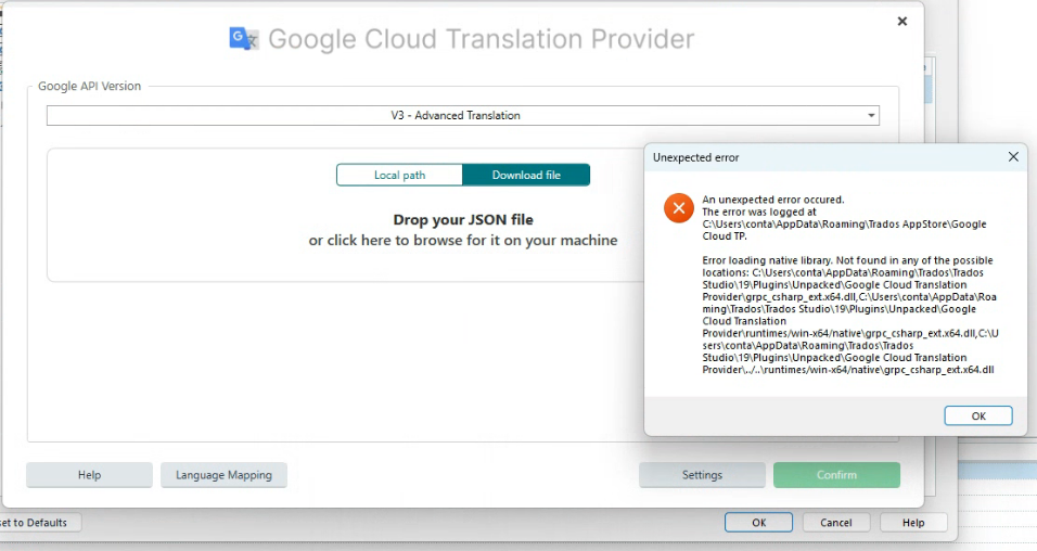 Google Cloud Translation Provider interface showing options to drop a JSON file or browse for it, with an error message stating 'An unexpected error occurred' and details about missing native libraries.