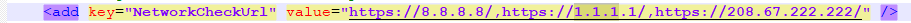 Screenshot of a configuration file with a line highlighted showing a key 'NetworkCheckUrl' with multiple IP addresses as its value.